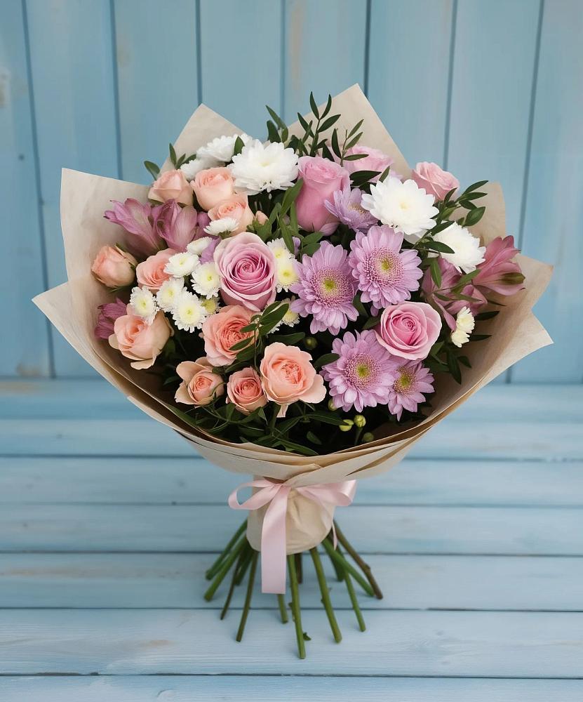 Букет цветов из: Хризантемы, Розы и Альстромерии в Нижнем Дженгутайе
