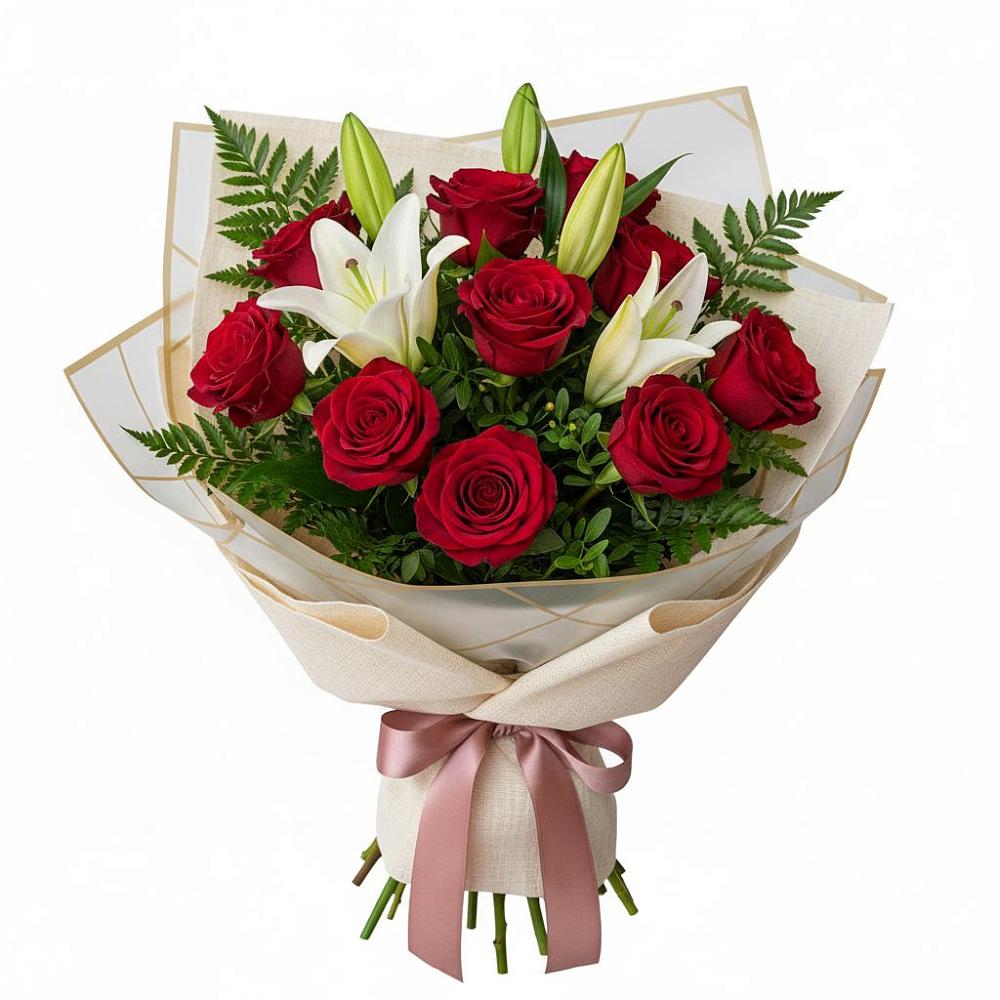 Букет цветов из: Лилии и Розы в Нижнем Дженгутайе