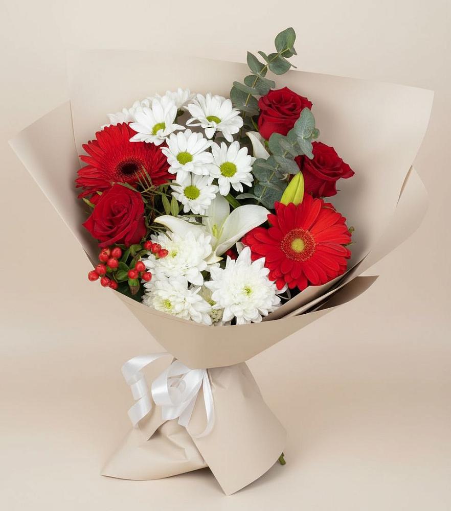 Букет цветов из: Розы, Хризантемы, Герберы и Лилии в Нижнем Дженгутайе