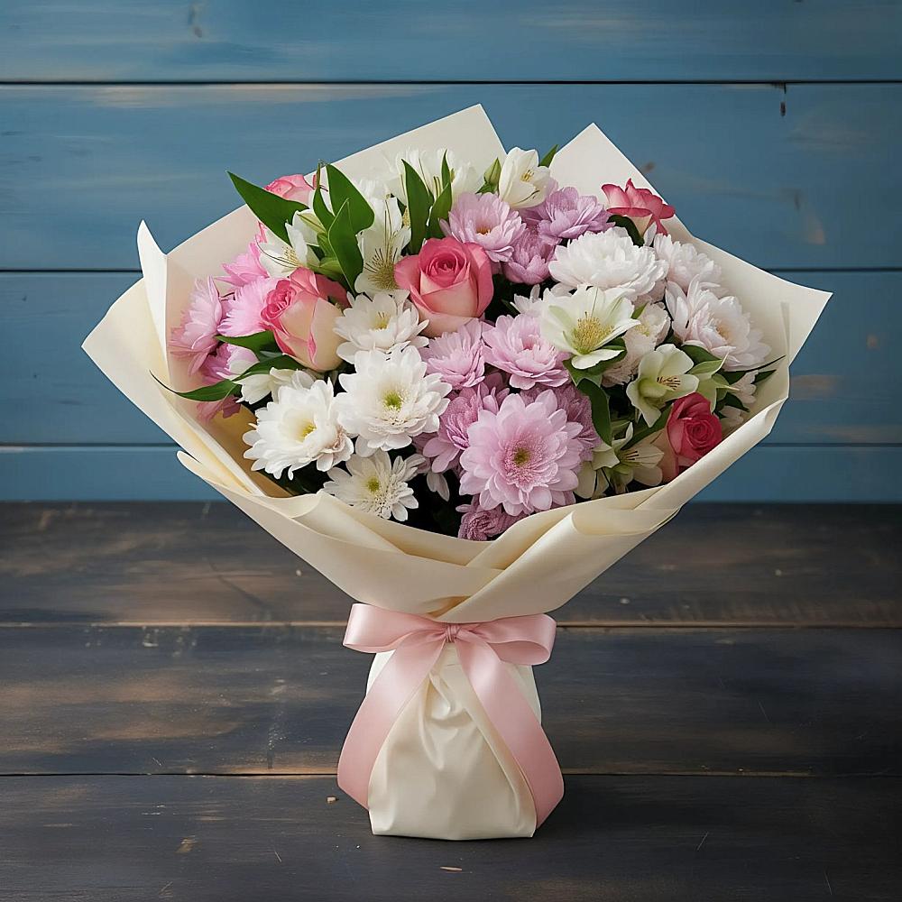 Букет цветов из: Хризантемы, Альстромерии и Розы в Нижнем Дженгутайе